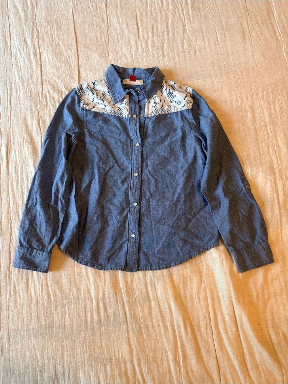 Red Camel Girls Blue Chambray Top with White Lace Detail